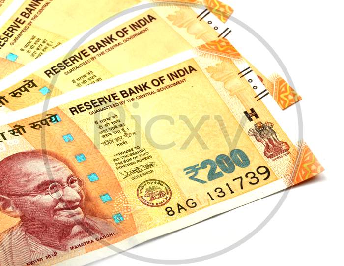 New Indian Currency Of 200 Rupee Note On White Isolated Background, Indian Currency, Rupee, Indian Rupee,Indian Money
