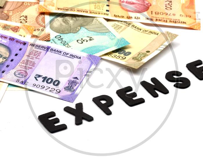 Expense Concept,Expense Alphabet On Money Background,Indian Currency, Rupee, Indian Rupee,Indian Money, Business, Finance, Investment, Saving And Corruption Concept - Image