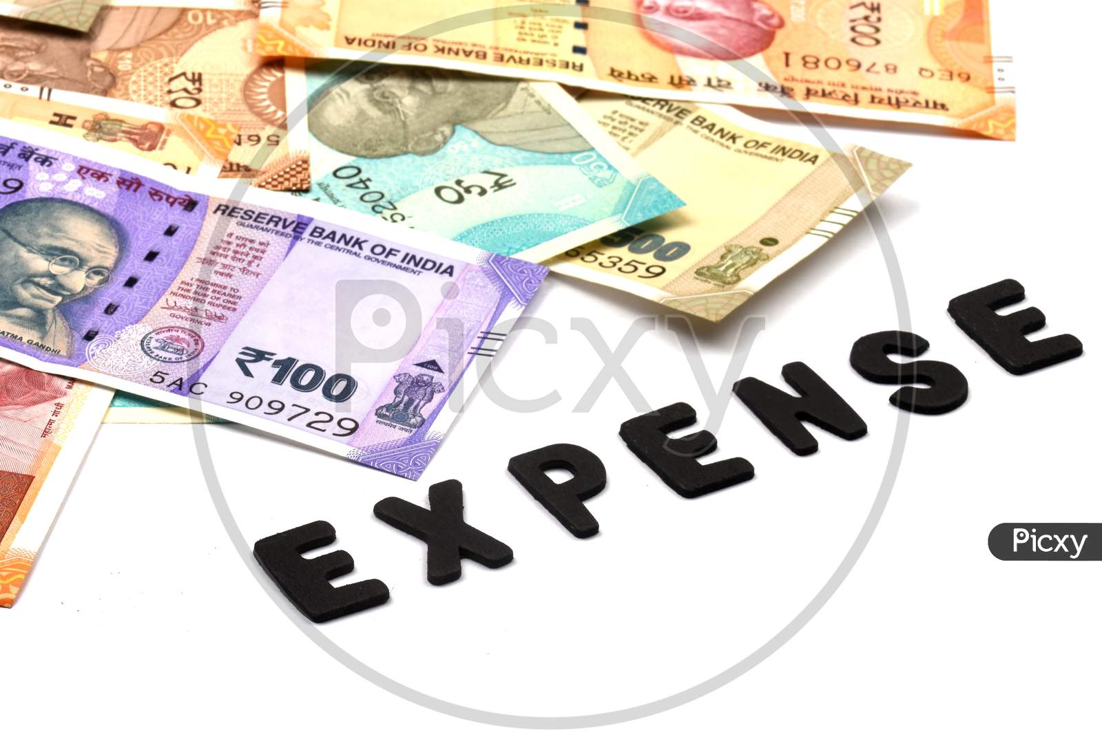 Expense Concept,Expense Alphabet On Money Background,Indian Currency, Rupee, Indian Rupee,Indian Money, Business, Finance, Investment, Saving And Corruption Concept - Image