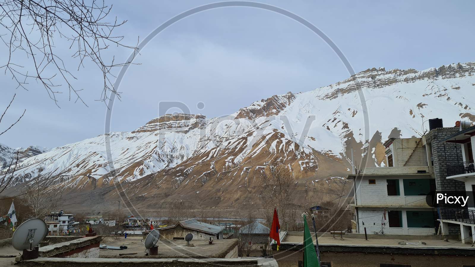 Village view of kaza in the spiti valley of Himachal Pradesh in winters