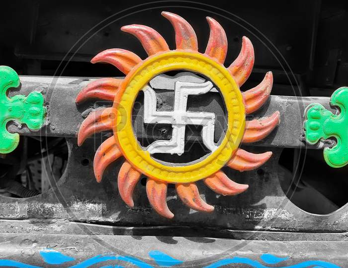 Beautiful Indian Traditional Ritual Symbol Swastik And Sun Metal Sign Back Of The Vehicles