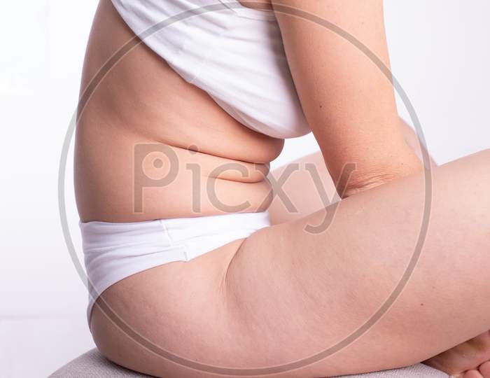 Plus Size Woman With Natural Real Body In Cotton Underwear, Imperfect Nonideal Overweight