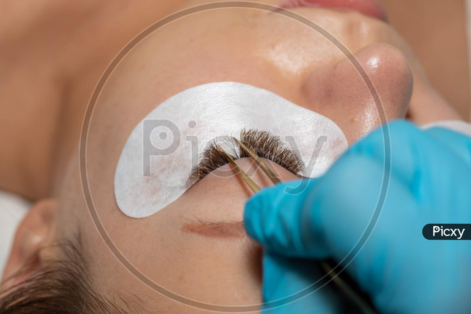 Treatment Of Eyelash Extension With Tweezers. Woman Eyes With Long Extended Lashes