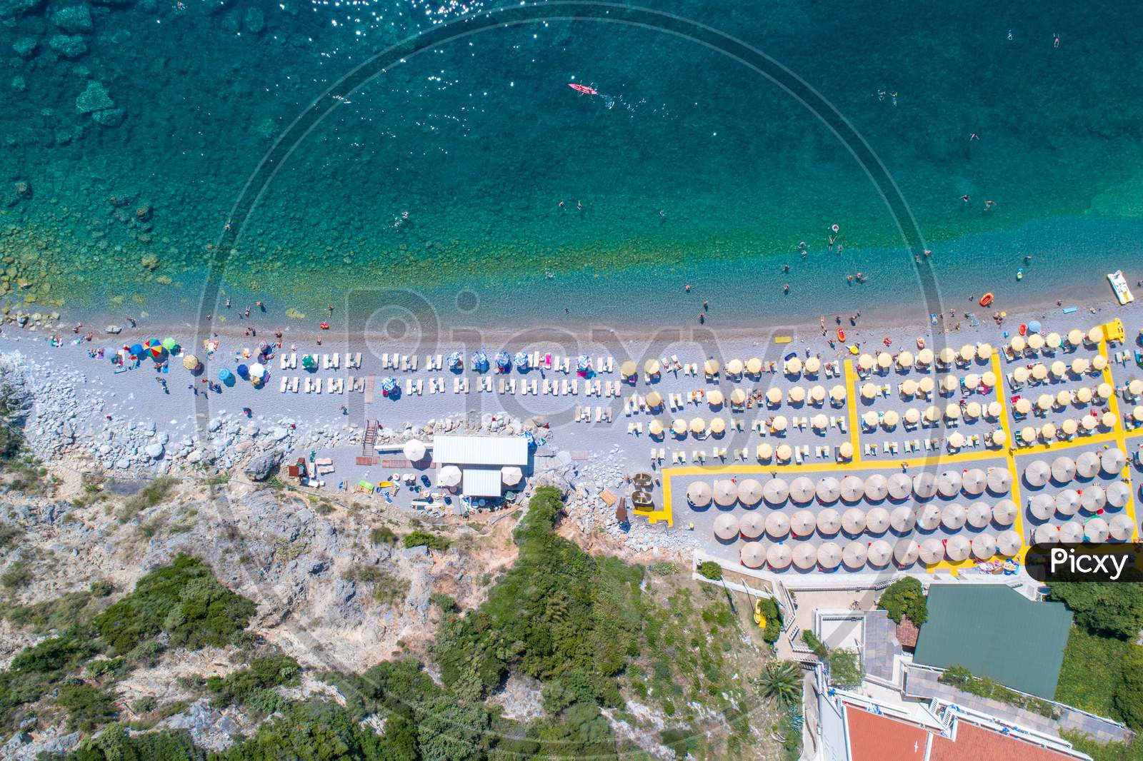 Jaz Beach Near Budva, Montenegro, Aerial Drone View, Adriatic Sea, Europe