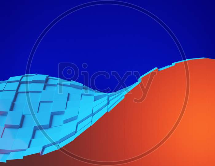 3D Illustration Of  Design Blue And Orange  Abstract Wave On A Blue Background.  Shape Pattern. Technology Geometry  Background.