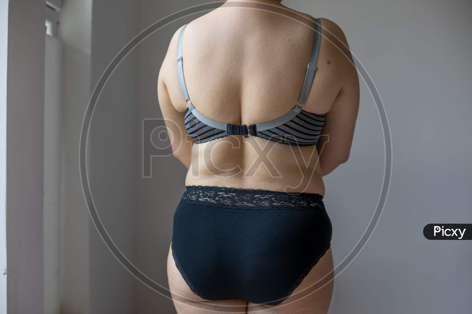 Image of Natural Real Body Plus Size Woman In Lingerie Showing Fat  Back-QR113997-Picxy