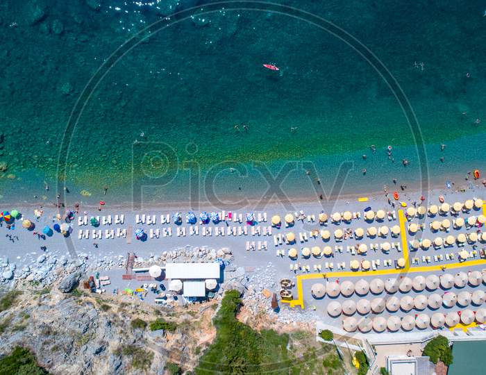 Jaz Beach Near Budva, Montenegro, Aerial Drone View, Adriatic Sea, Europe
