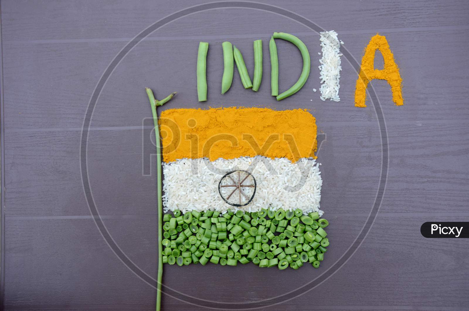 Image of Closeup Orange Turmeric,White Rice , Green Beans Vegetable