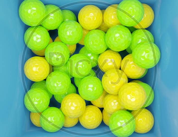 3D Illustration Of A  Blue Box With A Lot Of Yellow And Green Balls, Top View. Many Polyhedral Balls