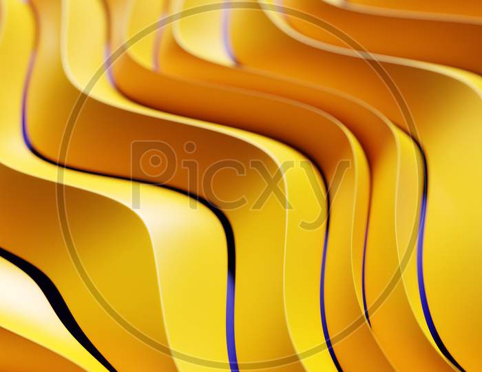 3D Illustration Of A Stereo Yellow  Strip . Geometric Stripes Similar To Waves. Abstract  Yellow Glowing Crossing Lines Pattern