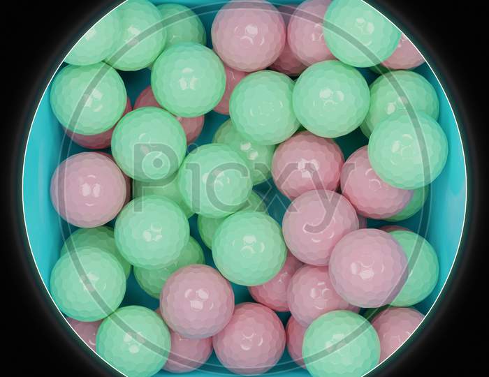 3D Illustration Of A  Blue Box With A Lot Of Pink  And  Green  Balls, Top View. Many Polyhedral Balls