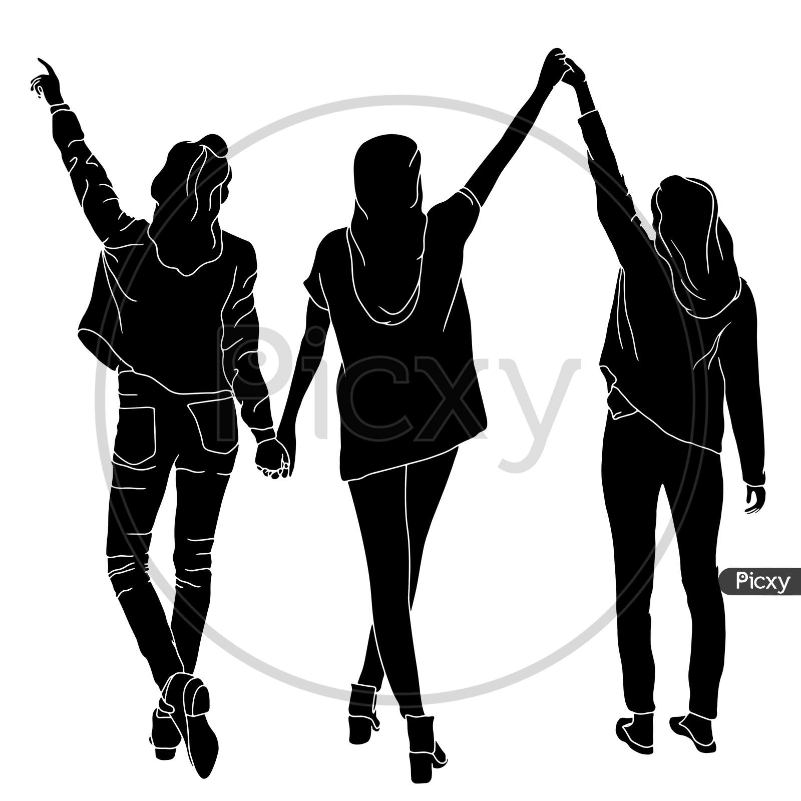 Three Girls Weaving Their Hands In The Air, The Silhouette Of People For Friendship Day. Hand-Drawn Character Illustration Of Happy People.