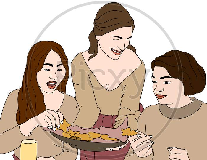 A Group Of Friends Having Fun At The Dining Table, Friendship Treat, Flat Colorful Illustration Of People For Friendship Day. Hand-Drawn Character Illustration Of Happy People.