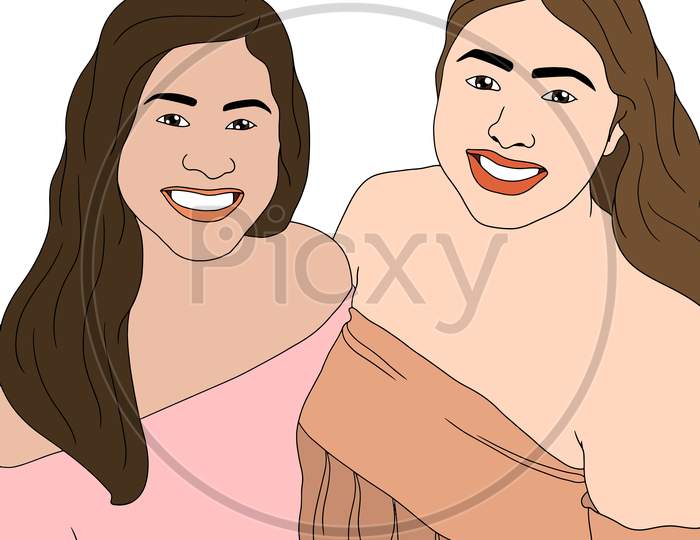 Two Girls With Happy Expressions, Flat Colorful Illustration Of People For Friendship Day. Hand-Drawn Character Illustration Of Happy People.