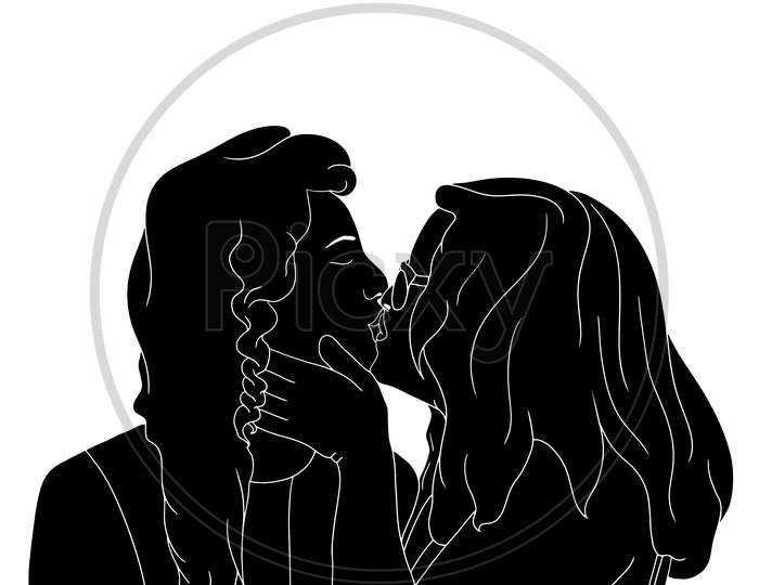 Two Girls Kissing Each Other, Girls Happy Moment, The Silhouette Of People For Friendship Day. Hand-Drawn Character Illustration Of Happy People.