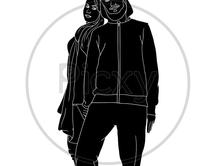 A Couple In A Standing Pose, The Silhouette Of People For Friendship Day. Hand-Drawn Character Illustration Of Happy People.