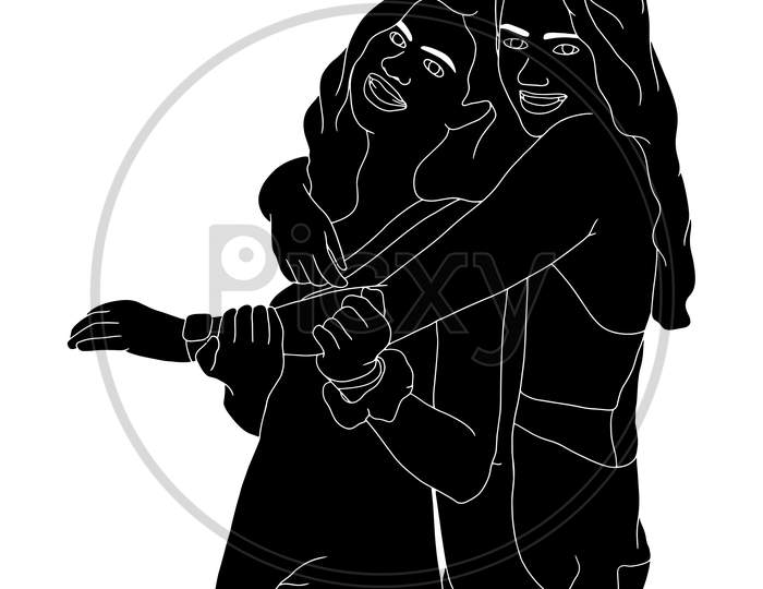 A Beautiful Relationship Of Two Girls, Best Friends Forever, The Silhouette Of People For Friendship Day. Hand-Drawn Character Illustration Of Happy People.