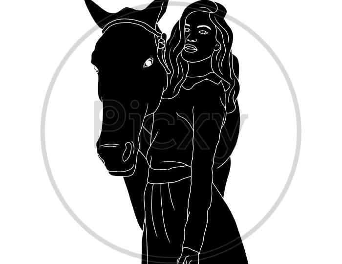 Girl With The Horse In A Standing Pose, The Silhouette Of People For Friendship Day. Hand-Drawn Character Illustration Of Happy People.