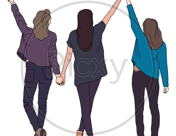 Three Girls Weaving Hands In The Air, Drawn From The Backside, Flat Colorful Illustration Of People For Friendship Day. Hand-Drawn Character Illustration Of Happy People.