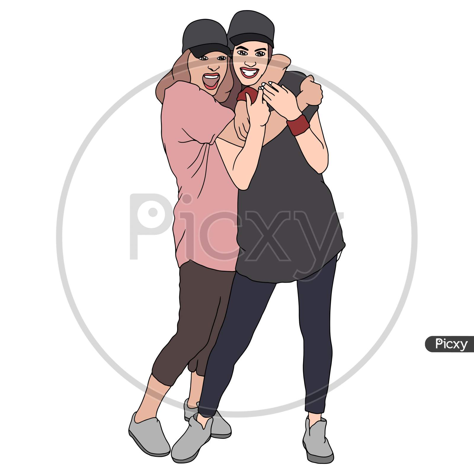 A Girl Hugs The Girl From Behind, Happy Friends Moment, Flat Colorful Illustration Of People For Friendship Day. Hand-Drawn Character Illustration Of Happy People.