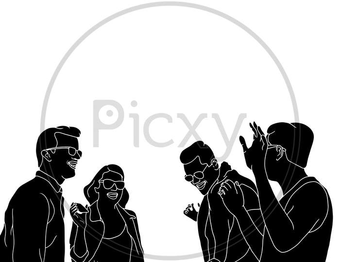 A Group Of Friends Having Fun, Group Dancing, The Silhouette Of People For Friendship Day. Hand-Drawn Character Illustration Of Happy People.