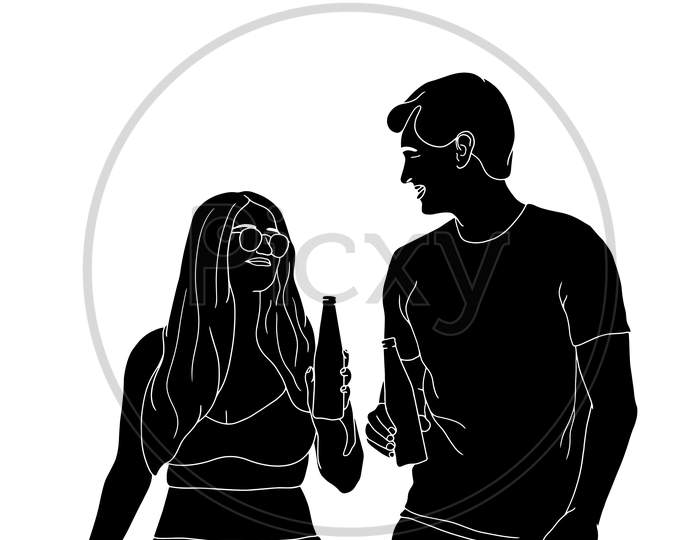Couple Walking With A Beer Bottle Or Cold Drink, The Silhouette Of People For Friendship Day. Hand-Drawn Character Illustration Of Happy People.