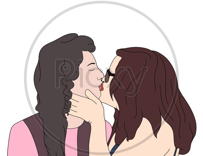 Two Girls Kissing Each Other, Girls Happy Moment, Flat Colorful Illustration Of People For Friendship Day. Hand-Drawn Character Illustration Of Happy People.