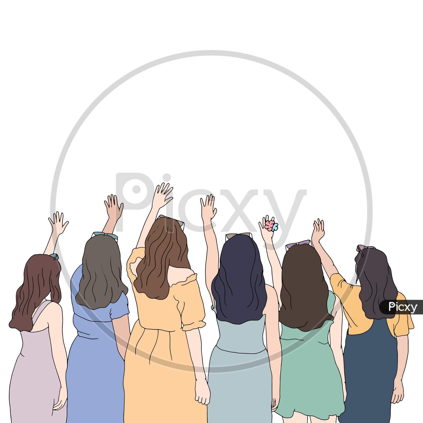 A Group Of Girls Waving Their Hands In The Air, Friends Time, Flat Colorful Illustration Of People For Friendship Day. Hand-Drawn Character Illustration Of Happy People.