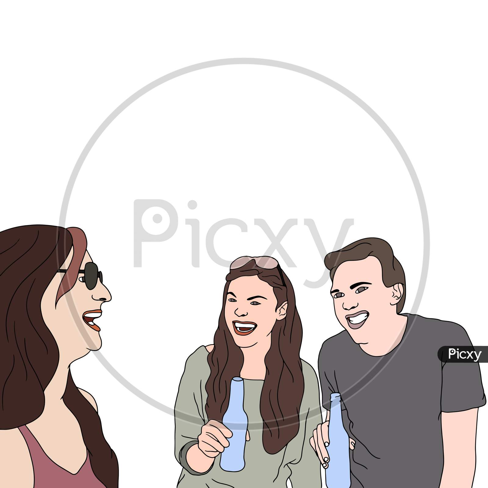 A Group Of Friends Having Outdoor Fun, Friends Time, Flat Colorful Illustration Of People For Friendship Day. Hand-Drawn Character Illustration Of Happy People.