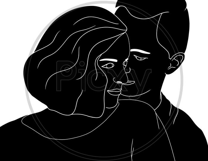 Couple Having A Beautiful Time, Cute Moment, The Silhouette Of People For Friendship Day. Hand-Drawn Character Illustration Of Happy People.