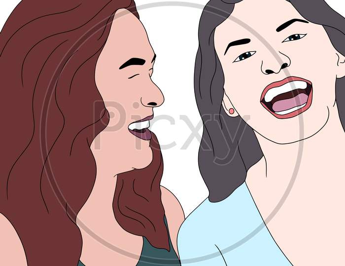 Two Girls Laughing Or Smiling, Girls Happy Moment, Flat Colorful Illustration Of People For Friendship Day. Hand-Drawn Character Illustration Of Happy People.