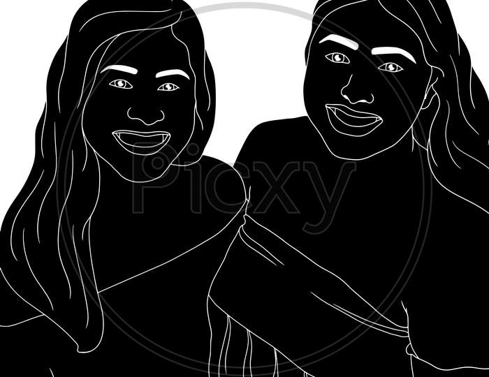 Two Girls With Happy Expressions, The Silhouette Of People For Friendship Day. Hand-Drawn Character Illustration Of Happy People.