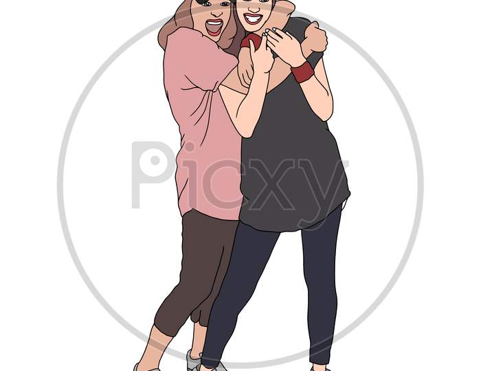A Girl Hugs The Girl From Behind, Happy Friends Moment, Flat Colorful Illustration Of People For Friendship Day. Hand-Drawn Character Illustration Of Happy People.