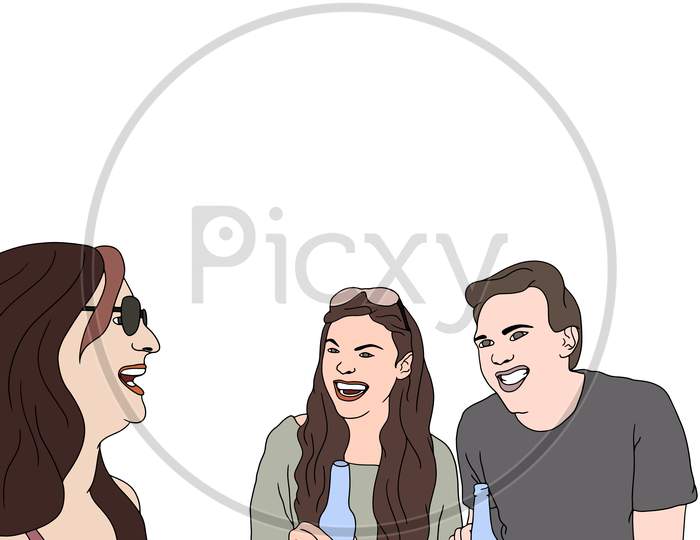 A Group Of Friends Having Outdoor Fun, Friends Time, Flat Colorful Illustration Of People For Friendship Day. Hand-Drawn Character Illustration Of Happy People.