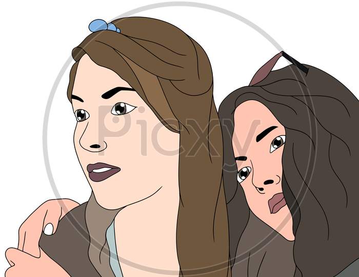 Two Girls In A Cute Pose, Happy Moments Of Friendship, Flat Colorful Illustration Of People For Friendship Day. Hand-Drawn Character Illustration Of Happy People.
