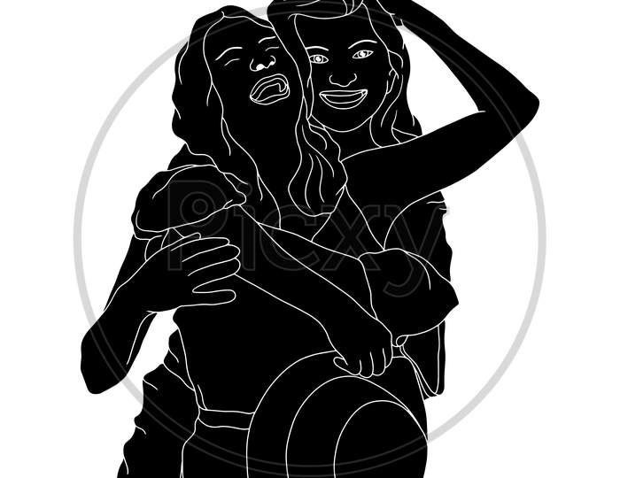 Two Girls Having A Happy Time, Best Friends Forever, The Silhouette Of People For Friendship Day. Hand-Drawn Character Illustration Of Happy People.