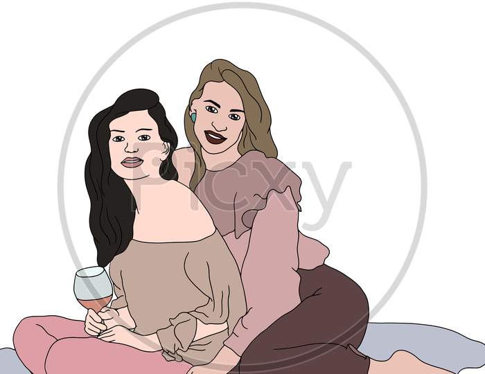 Two Girls Sitting On The Carpet, Happy Girls, Flat Colorful Illustration Of People For Friendship Day. Hand-Drawn Character Illustration Of Happy People.