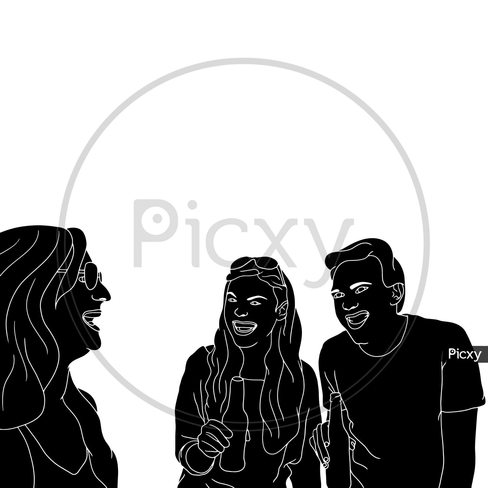A Group Of Friends Having Outdoor Fun, Friends Time, The Silhouette Of People For Friendship Day. Hand-Drawn Character Illustration Of Happy People.
