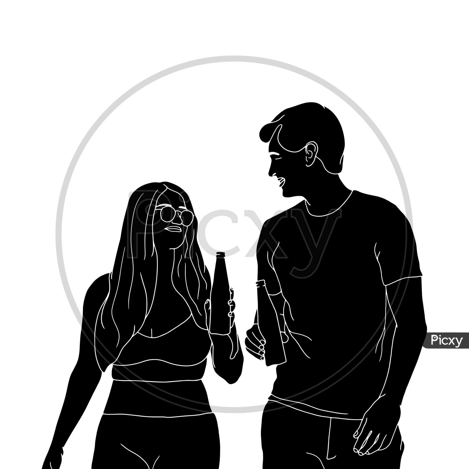 Couple Walking With A Beer Bottle Or Cold Drink, The Silhouette Of People For Friendship Day. Hand-Drawn Character Illustration Of Happy People.