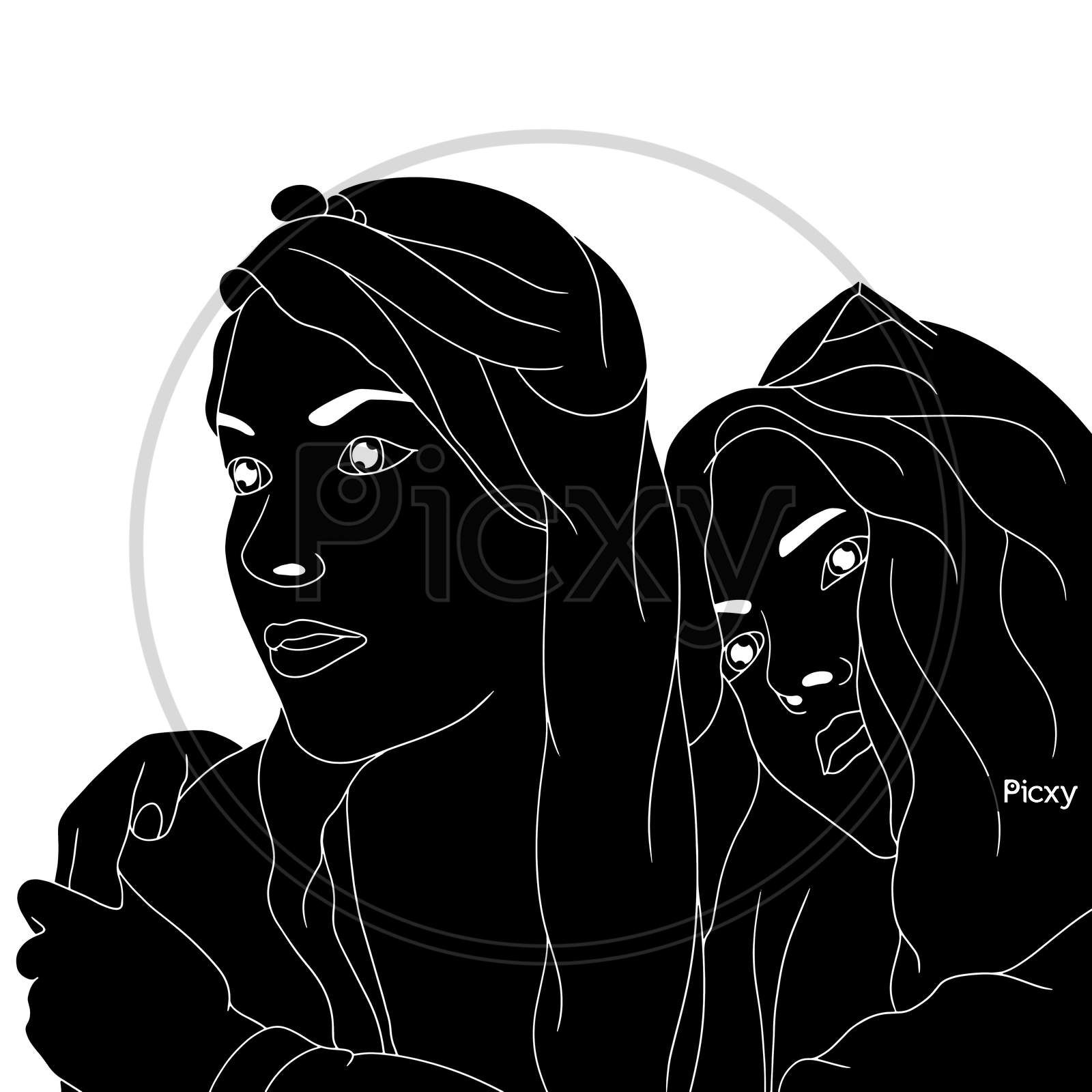 Two Girls In A Cute Pose, Happy Moments Of Friendship, The Silhouette Of People For Friendship Day. Hand-Drawn Character Illustration Of Happy People.