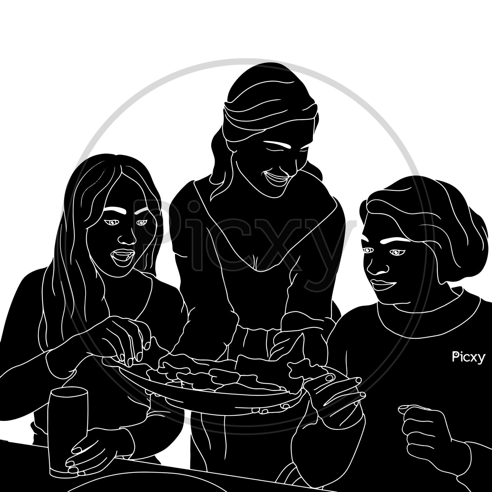 A Group Of Friends Having Fun At The Dining Table, Friendship Treat, The Silhouette Of People For Friendship Day. Hand-Drawn Character Illustration Of Happy People.
