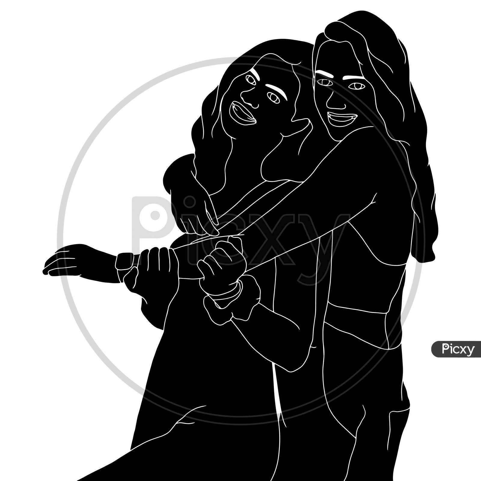 A Beautiful Relationship Of Two Girls, Best Friends Forever, The Silhouette Of People For Friendship Day. Hand-Drawn Character Illustration Of Happy People.