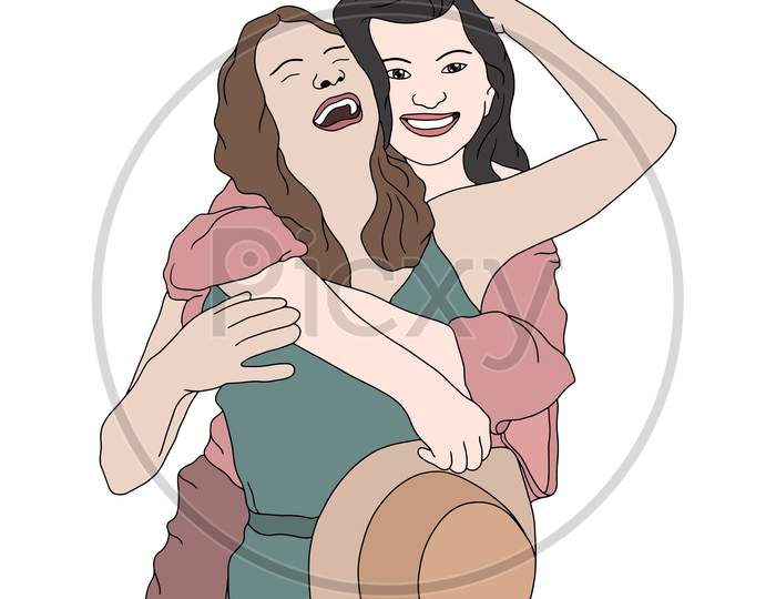 Two Girls Having A Happy Time, Best Friends Forever, Flat Colorful Illustration Of People For Friendship Day. Hand-Drawn Character Illustration Of Happy People.