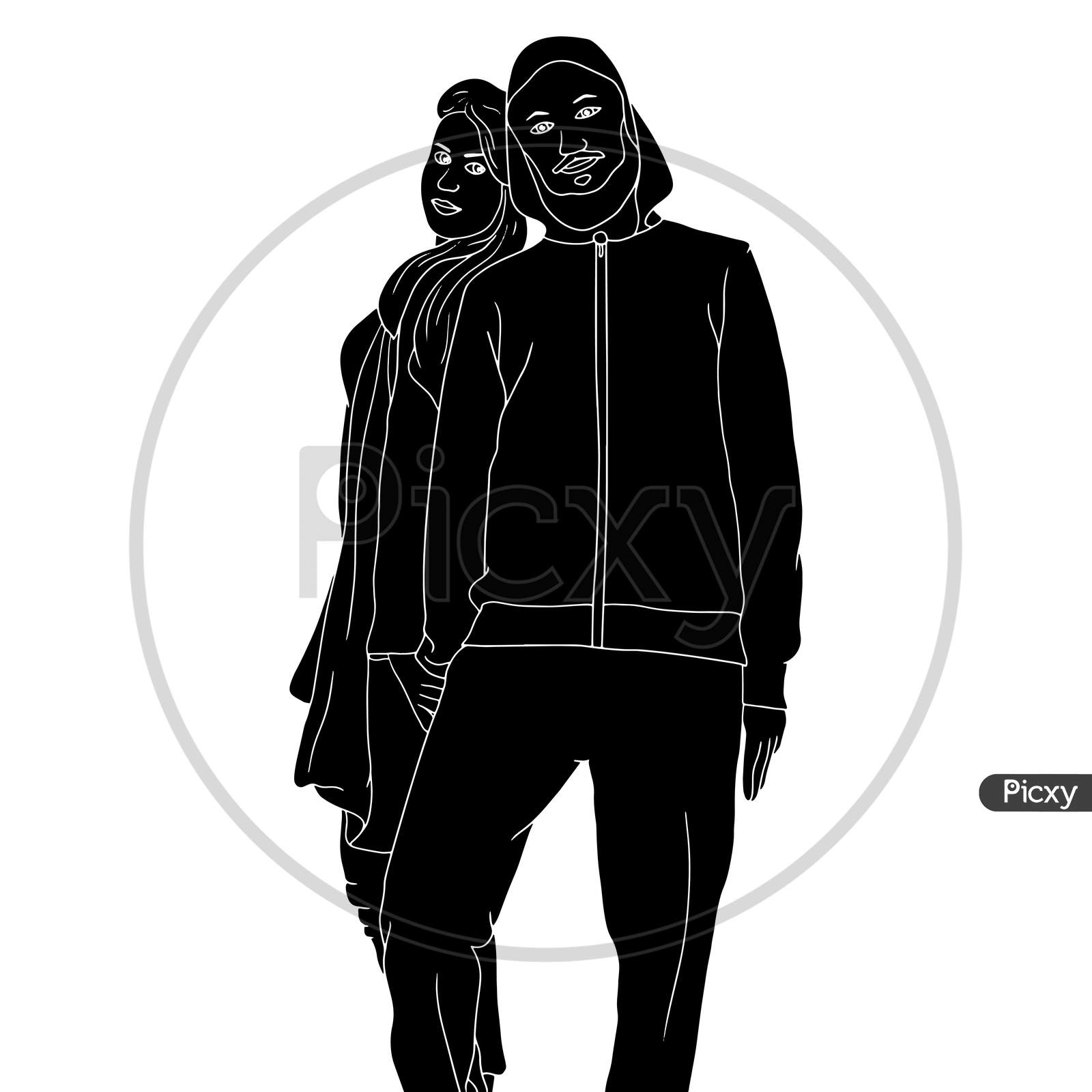 A Couple In A Standing Pose, The Silhouette Of People For Friendship Day. Hand-Drawn Character Illustration Of Happy People.