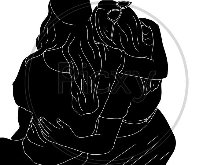 Two Girls Sitting On A Woodblock Drawn From The Backside, The Silhouette Of People For Friendship Day. Hand-Drawn Character Illustration Of Happy People.