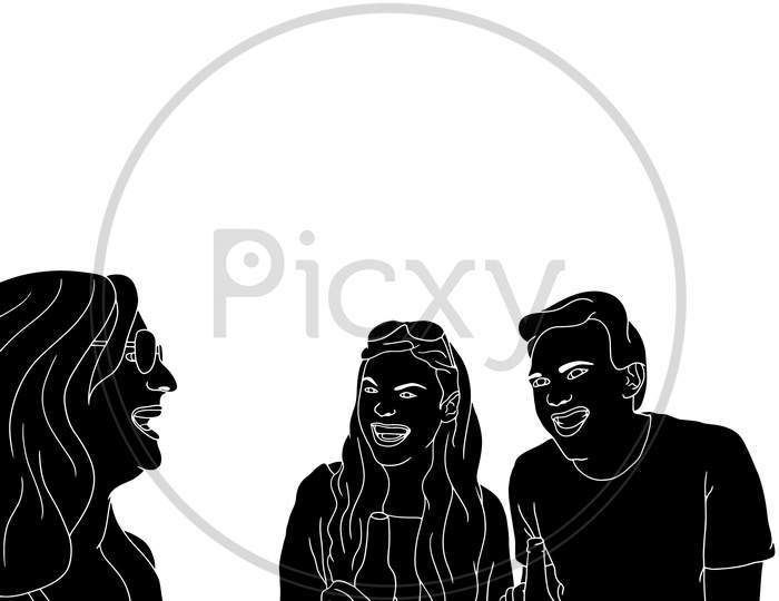 A Group Of Friends Having Outdoor Fun, Friends Time, The Silhouette Of People For Friendship Day. Hand-Drawn Character Illustration Of Happy People.