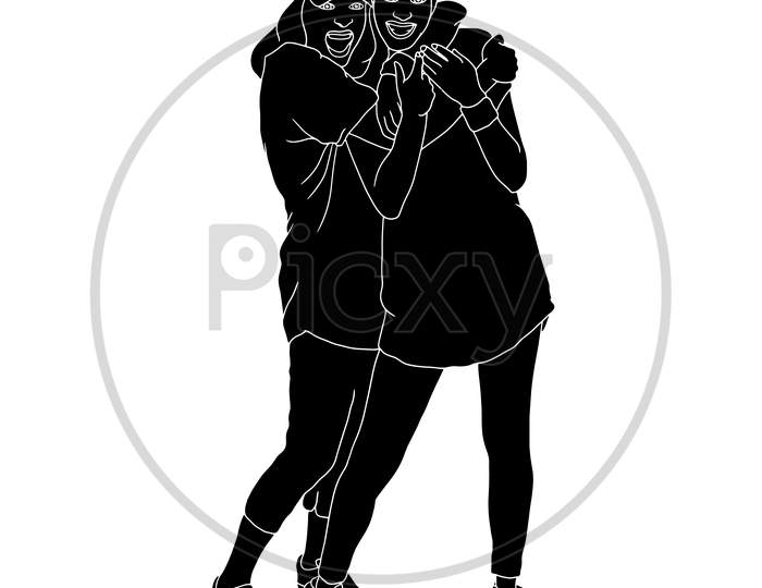 A Girl Hugs The Girl From Behind, A Happy Friend'S Moment, The Silhouette Of People For Friendship Day. Hand-Drawn Character Illustration Of Happy People.