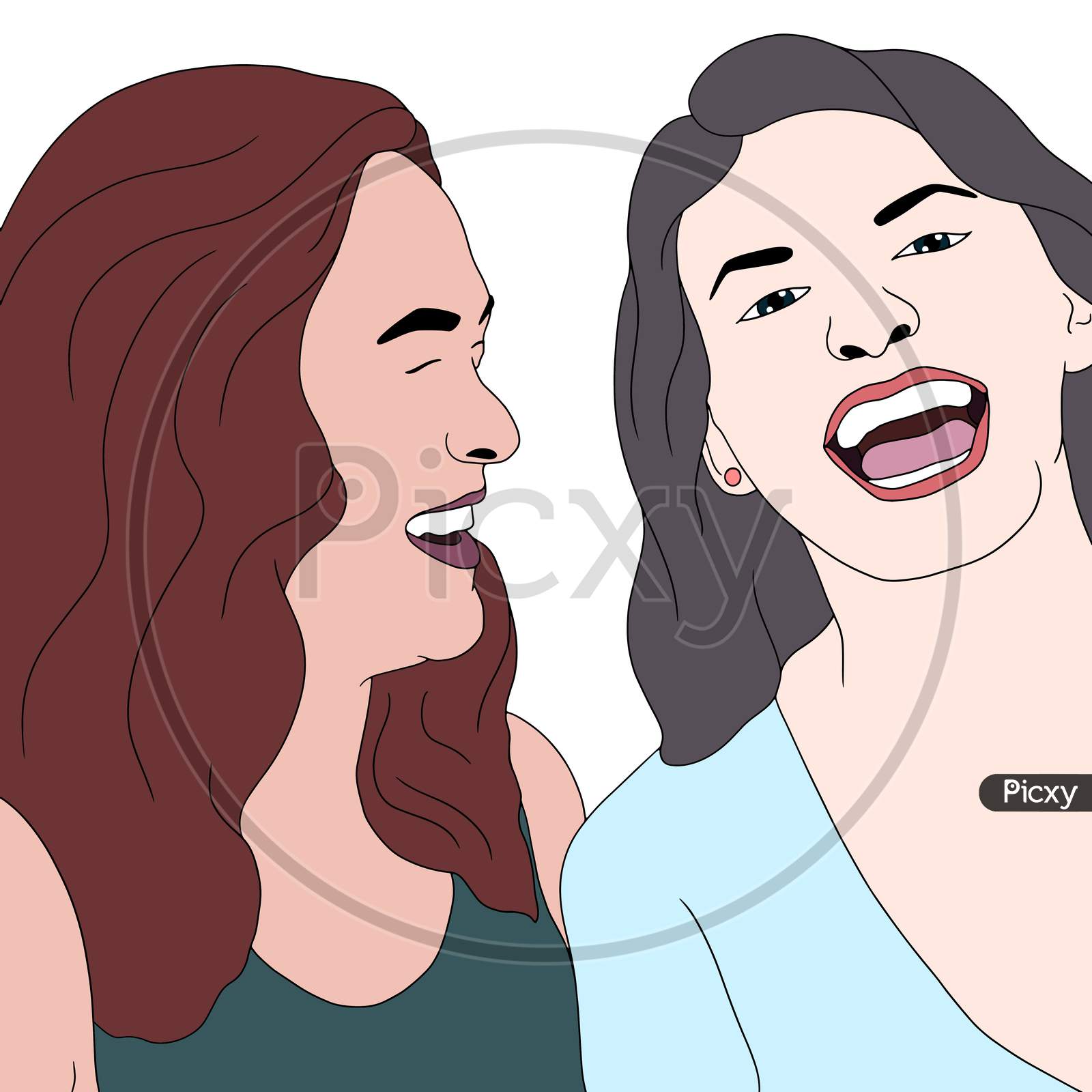 Two Girls Laughing Or Smiling, Girls Happy Moment, Flat Colorful Illustration Of People For Friendship Day. Hand-Drawn Character Illustration Of Happy People.