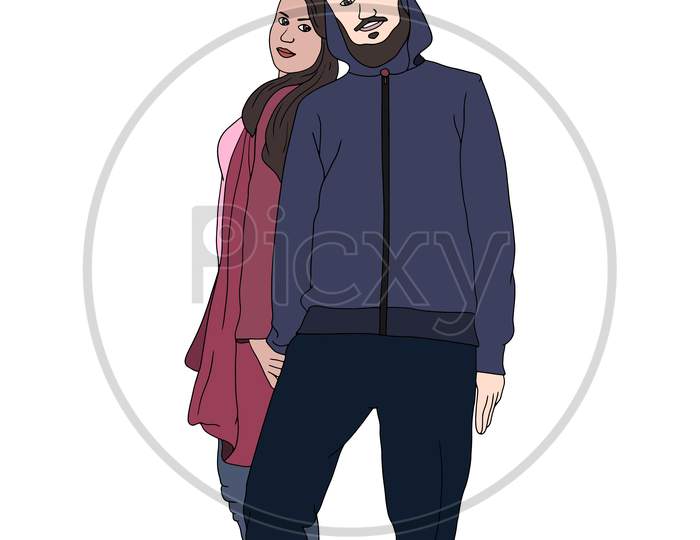 A Couple In A Standing Pose, Flat Colorful Illustration Of People For Friendship Day. Hand-Drawn Character Illustration Of Happy People.