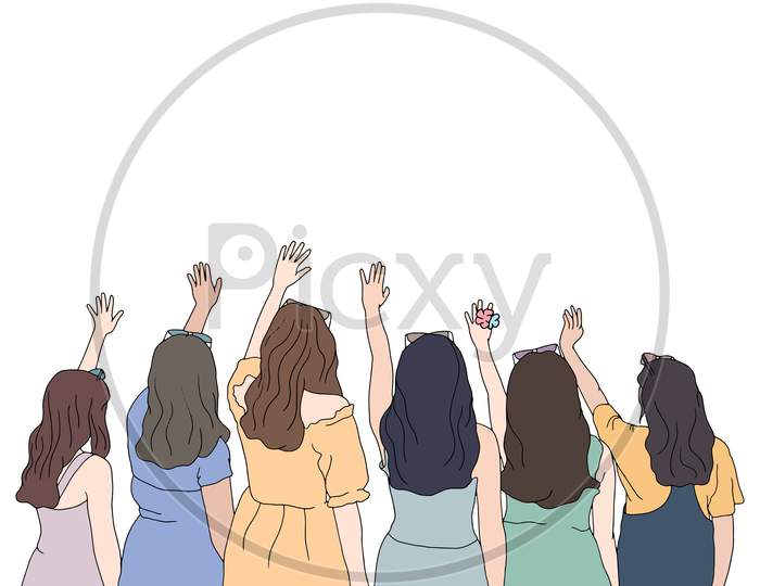 A Group Of Girls Waving Their Hands In The Air, Friends Time, Flat Colorful Illustration Of People For Friendship Day. Hand-Drawn Character Illustration Of Happy People.